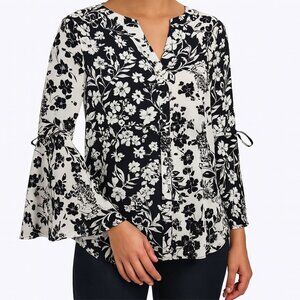 Adrianna Papell Women's Black White M Boho Chic Cottagecore Bell Sleeve